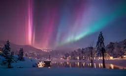 aurora lights as seen above a lake in the snow