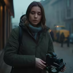 woman holding up camera while on street in rain