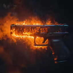 a gun in flames on a dark background