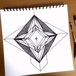 an abstract geometric drawing with pencil,a drawing on paper with a pen and scissors next to it,a drawing on white paper of a diamond,this drawing has been created using different shapes and sizes,a sketch is shown in this picture on paper