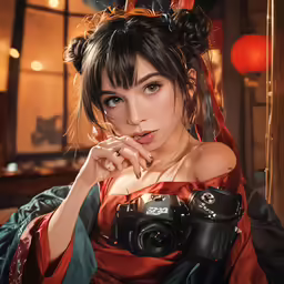 an asian woman in red dress with long hair posing for a photograph