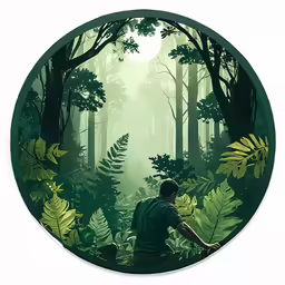 a man stands in the middle of a green forest