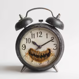 an alarm clock with a grinning face and teeth