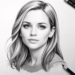 a portrait drawing of a girl in black and white