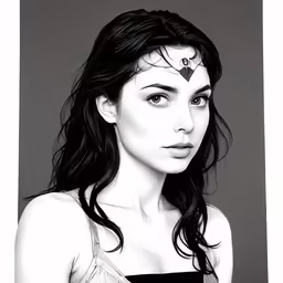 an ink drawing of a girl wearing a head piece