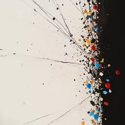 artwork painted on white paper with red, blue, and black splatters