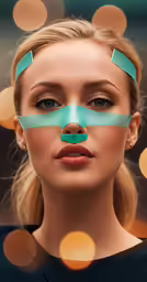 a woman with blue glasses and a green nose band