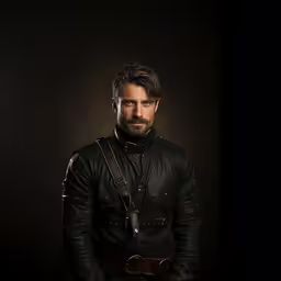 a man with a black jacket and a beard,a man in leather looks very serious in this picture