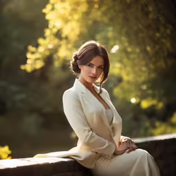 a woman sitting in a tan suit near trees