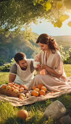 a man and woman are on a blanket outside
