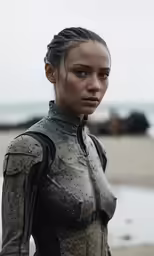 a women in a wet suit with a cell phone