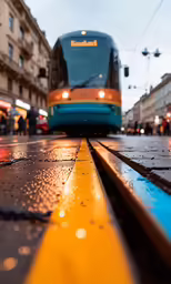 a transit bus parked on the street in front of buildings