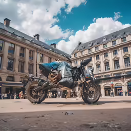 motorcycle parked in front of an old fashion building