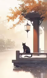 a cat sits on top of a bench under a lamppost