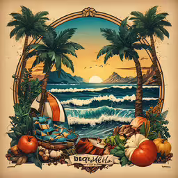 a painting with tropical items on it,a painting of a beach with a tent and some food