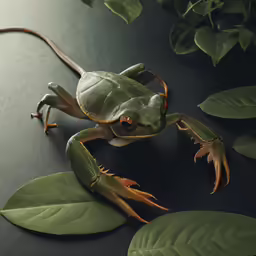 a small green frog perched on top of leaves