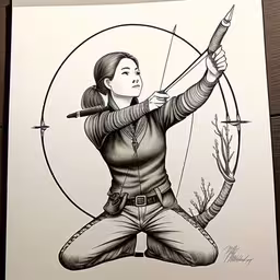 a black and white photo of a woman archery,black and white drawing of a girl holding an arrow,a drawing of a girl with a bow and arrows,a woman holding an archery bow with arrows,there is a drawing of a girl with a bow and arrows