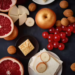 fruits, waffles and a sandwich on a plate