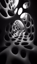 a black and white photo of a tunnel with several circles in it