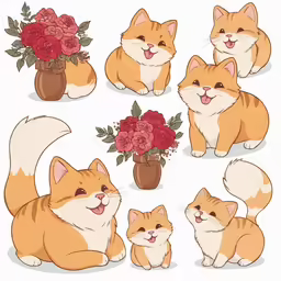 several orange and white cats, with flowers in a vase and onlookers around