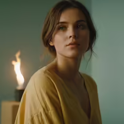 a woman in a yellow shirt in a room with a fireplace