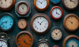 a wall of old clocks, the faces different colors