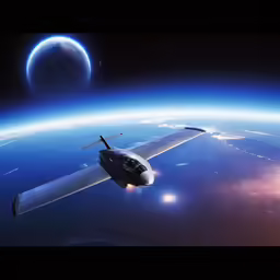 an airplane flies low above the earth during the night