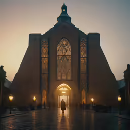 people walking into the dark entrance to a church