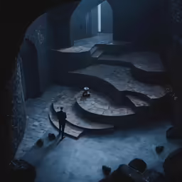 there is a man looking down the middle of a stairs