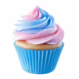 a blue cupcake with blue frosting and pink icing