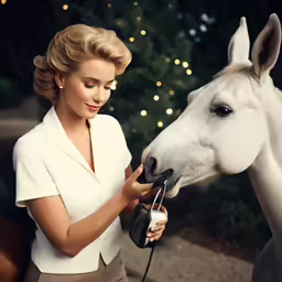 the woman is showing her horse how to brush it