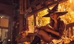 there is a woman dressed up as a witch reading a book