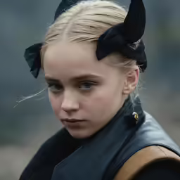 a young girl wearing a black costume and a head piece