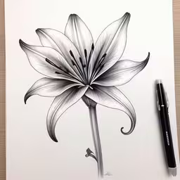 a drawing of a flower with sharp pen ink,the drawing of the flower is in progress,a white and black flower drawn in pencil on paper,this is a drawing of a white lily,a black and white drawing of a flower