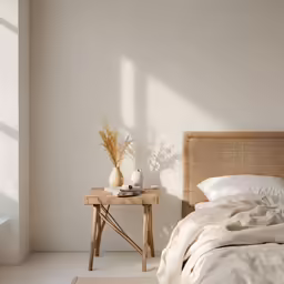 a small table with a vase is next to a bed
