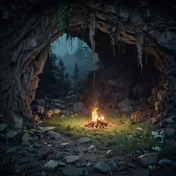 an image of a dark cave with bright glowing lights