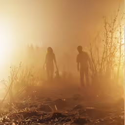 two people standing in the fog with trees