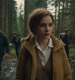 the image shows a group of people in the woods