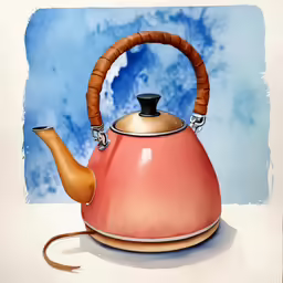 a painting of an orange tea pot with handle