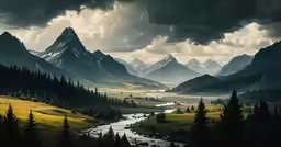 there is a beautiful mountain range with a stream flowing through it