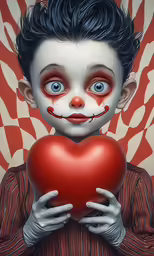 a young boy with painted red lips holding a heart
