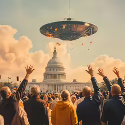 several people are watching a flying object above them