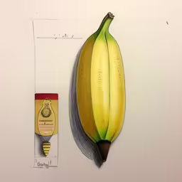a banana on the wall next to an object drawn by hand,a large yellow banana next to a small orange seed,a banana and a container with the package beside it,a banana hanging on the wall next to an empty can,a bunch of bananas laying next to a tube of butter