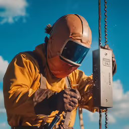 a man in safety gear is using a piece of equipment to pull something