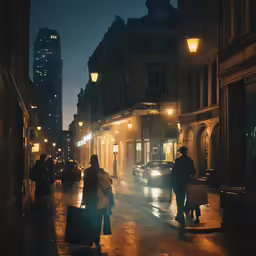people are walking down a city street at night