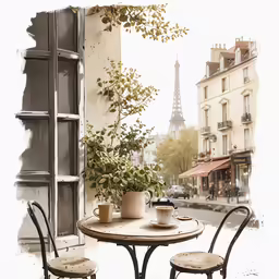 two chairs and a table are near a window