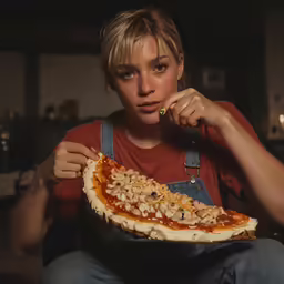 a young girl eating a slice of pizza