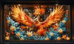 an orange bird is shown in a display case