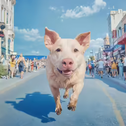 a dog running down the street and a crowd of people watching