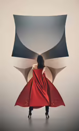 a woman in a red dress stands under an image